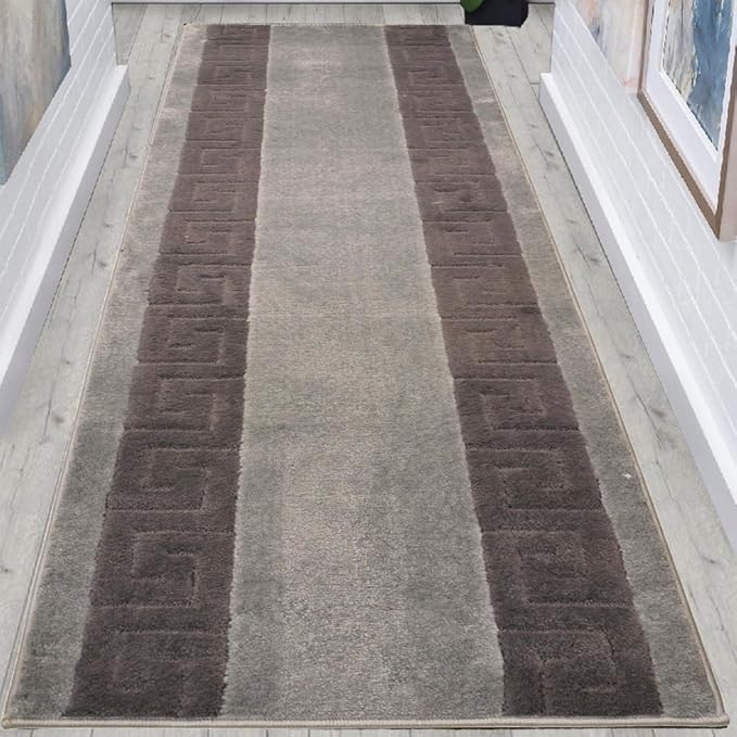 Washable Custom Size Runner Rug Meander Design Grey and Black, (2 Feet Length x 26 Inch Width) Custom Cut Slip Resistant Rubber Backing Runner Rugs, Extra Long Runner Rugs for Hallways