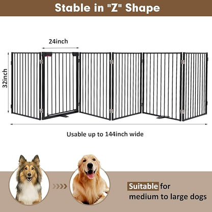 Metal Freestanding Dog Gates with Door,Extra Wide 24", 32" Height Foldable Dog Fence for Indoor & Outdoor, Heavy Duty Freestanding Pet Barrier for Stairs, Doorways, Halls, Kitchen,Yard,Christmas Tree