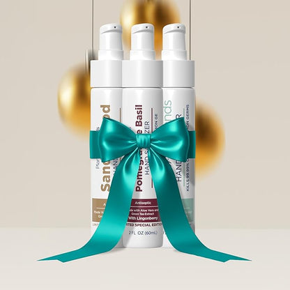 Warm & Cozy Limited Edition Holiday Variety 3pk Hand Sanitizer | Sandalwood and Pomegranate Basil Lotions, 3-Mint Gel | Travel Size | Made with Aloe Vera & Essential Oils | Rich in Vitamin E