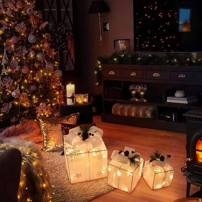 Christmas Light up Gift Boxes, Light up Xmas Boxes with Battery Operated for Christmas Decorations Indoor and Outdoor (3 Pack)