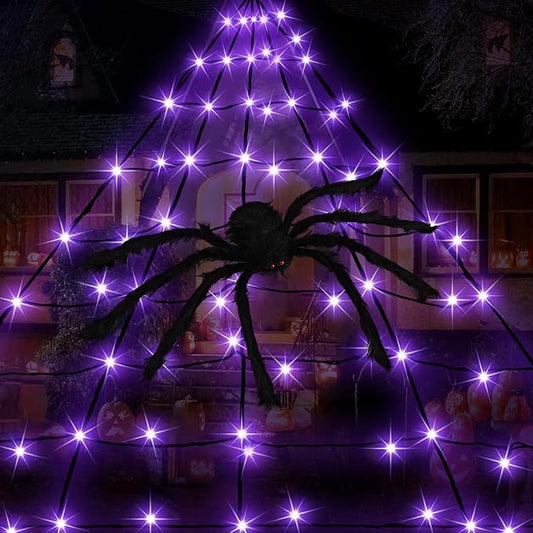 Halloween Decorations Outdoor, Halloween Spider Web Lights, 19.7FT 250 Purple LED Large Spiders Web with Plush Artificial Spider, 8 Light Modes Waterproof Lighted Decor for Yard, Haunted House