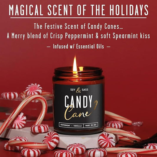 Peppermint Candle - 'Candy Cane' Christmas Candle w/Menthol, Peppermint & Vanilla - Infused with Essential Oils I Christmas Candles Scented I 9oz, 50Hr, Made in USA