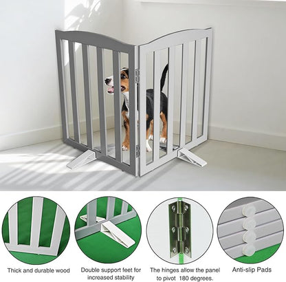 ZJSF Foldable Freestanding Indoor Dog Gate for House Wood Long Pet Gates Dog Fence for Stairs Puppy Gates for Hallways, Puppy Gate,Support Feet Included, Grey, 32 "Height-2 Panels