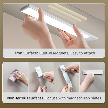 14inch Under Cabinet Lighting, 4 Pack Rechargeable Motion Sensor Light Indoor, Wireless Dimmable Magnetic Closet Lights, 58 LED Under Counter Lights for Kitchen, Wardrobe, Stairs, White Light