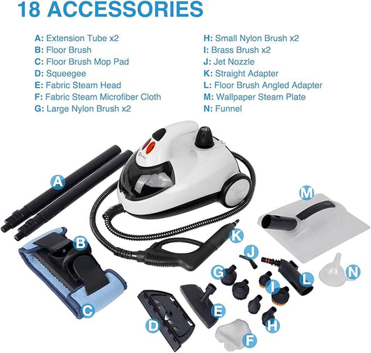 Rollibot Multipurpose Steam Cleaner with 18 Accessiores, Portable Steamer for Floor, Carpet, Kitchen, Bath Room, Tile & Window, Couch, Car Chemical-Free Cleaning and Wallpaper Removal, White