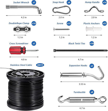 String Light Hanging Kit with 400FT Vinyl Coated 304 Stainless Steel Wire Rope, Globe String Light Suspension Kit, Outdoor Light Guide Wire Kit Included Turnbuckles, Enough Accessories, Use Manual