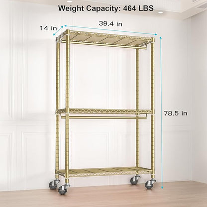 P3 Rolling Clothes Rack, Clothing Racks for Hanging Clothes, Heavy Duty Garment Rack with Wheels, Freestanding Portable Closet Organizer 39.4'' W x 14'' D x 78.5'' H, Max Load 464 LBS, Gold