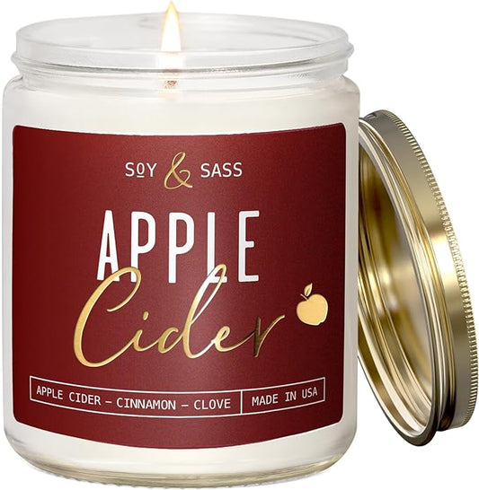 Apple Cider Candle, Fall Candles I Apple Cider, Cinnamon & Nutmeg - Infused with Essential Oils I Mulled Cider Fall Scented Candle (Soy) for Home I 9oz Reusable Jar I 50Hr Burn I Made in USA