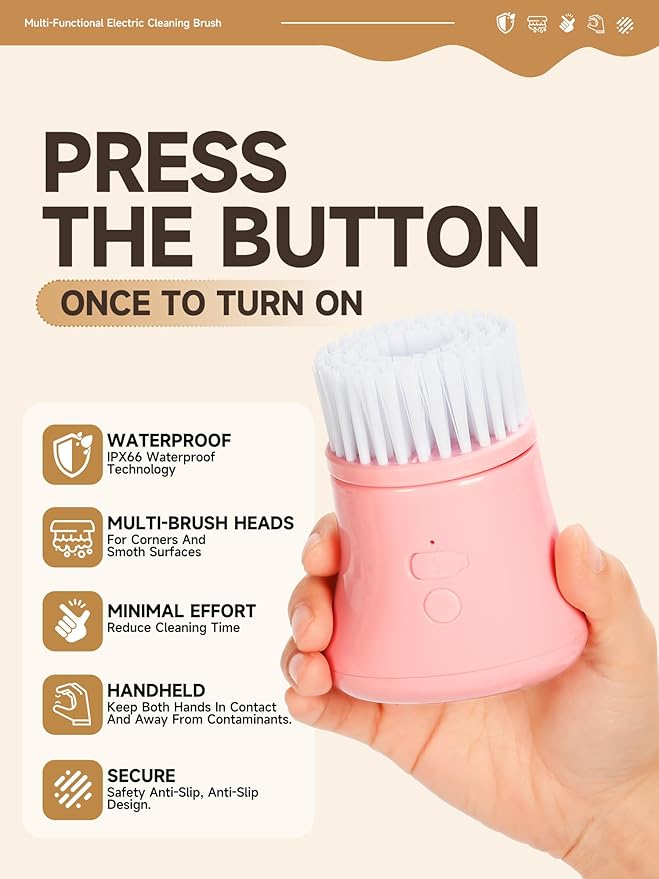 Electric Spin Scrubber, Mini Pink Cleaning Brush kit, for Wome, for Bathroom/Kitchen/Floor/Home/Grout/Tile/Shower, IP66 Waterproof Household Cleaning Supplies, Apartment Essentials