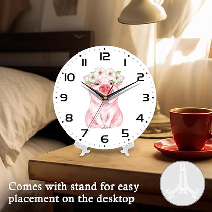 Wall Clock, 10 Inch Silent Non-Ticking Home Kitchen Decor, Battery Operated for Bathroom Bedroom Living Room Office(Cute Pig Flower)
