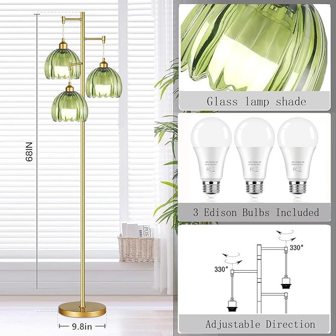 Modern Floor Lamp for Living Room Bedroom-3 Light Gold Floor Lamp with Glass Lampshape, Flower Tall Lamp Glass Standing Lamp Tree Green Floor Lamps for Living Room Bedroom,Corner