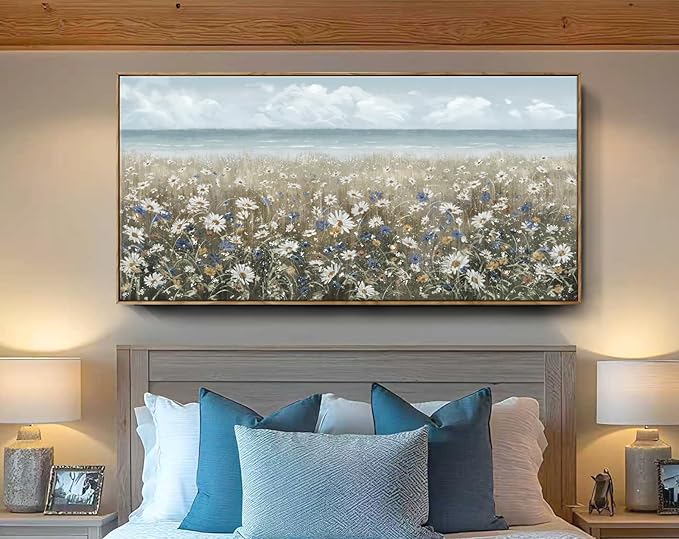 amatop Large Wall Art for Living Room Framed Boho Beach Coastal Floral Ocean Wall Picture Farmhouse Daisy Flower Sea Canvas Print Nautical Neutral Vintage Warm Artwork Home Bedroom Office Decor 48x24