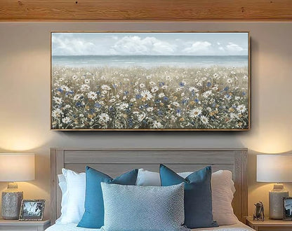 amatop Large Wall Art for Living Room Framed Boho Beach Coastal Floral Ocean Wall Picture Farmhouse Daisy Flower Sea Canvas Print Nautical Neutral Vintage Warm Artwork Home Bedroom Office Decor 48x24