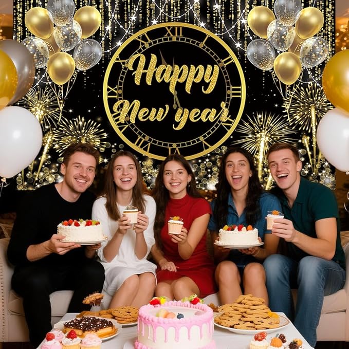 MEHOFOND Happy New Year Backdrop Hello 2026NYE Cheers Party Decorations Gold Black Photography Background Kiss Me at Midnight New Year's Eve Festival Party Supplies Photobooth Banner 8x6ft