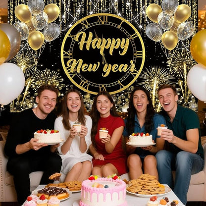 MEHOFOND Happy New Year Backdrop Hello 2026NYE Cheers Party Decorations Gold Black Photography Background Kiss Me at Midnight New Year's Eve Festival Party Supplies Photobooth Banner 8x6ft