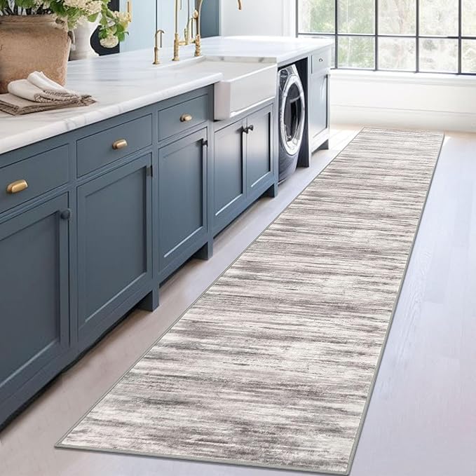 KOZYFLY Modern Abstract Kitchen Runner Rug, 2x12 Washable Rug Runner Non-Slip Soft Striped Hallway Runner Rugs, Grey Beige Print Carpet Runner for Entryway Bathroom Laundry Room Foyer