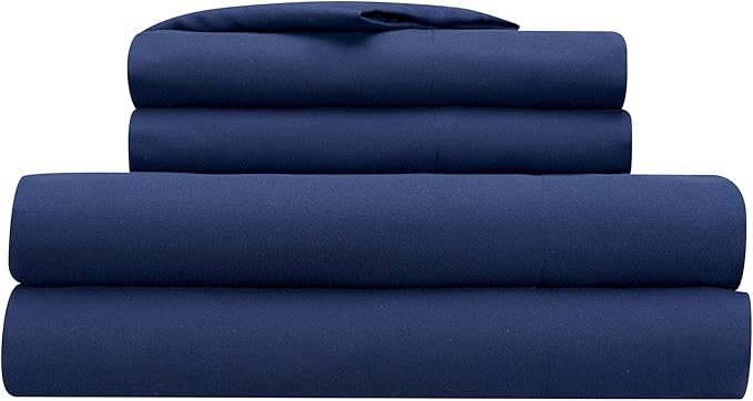 Serta Simply Clean Super Soft Hypoallergenic Stain Resistant Deep Pocket 4 Pieces Solid Bed Sheet Set, Full, Navy