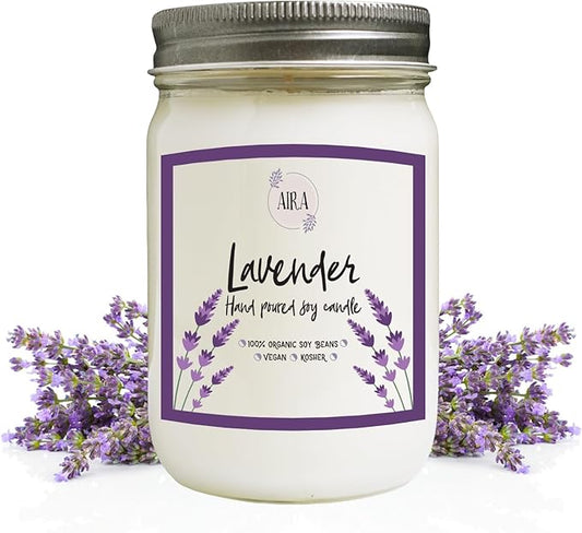Aira Soy Candle – Pure Lavender – 12 oz Mason Jar – Hand-Poured USA – Long-Lasting Vegan Soy Wax Candle – Relaxing Aromatherapy – Paraffin-Free, Kosher, Cruelty-Free