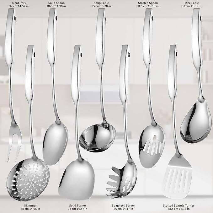 304 Stainless Steel Kitchen Utensils Set 9 Pcs Cooking Utensil Set, 15 Inches All Metal Cooking Tools Wok Kitchen Cookware Set with Spatula Useful Pots and Pans Accessories