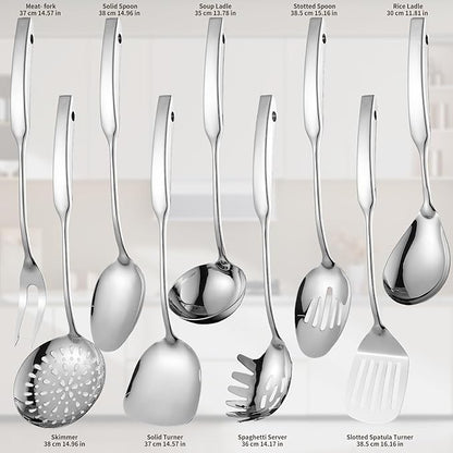 304 Stainless Steel Kitchen Utensils Set 9 Pcs Cooking Utensil Set, 15 Inches All Metal Cooking Tools Wok Kitchen Cookware Set with Spatula Useful Pots and Pans Accessories