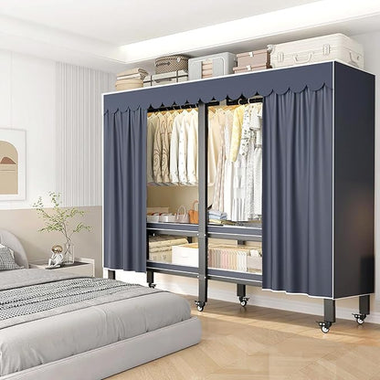 Heavy Duty Clothes Rack with Magnetic Door, Metal Foldable Covered Clothes Rack, Portable Wardrobe Closet System for Hanging Clothes, Rolling Garment Racks for Bedroom (Navy Blue Zipper, 74.8in)