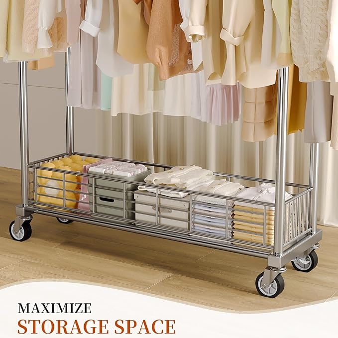 Heavy Duty Clothes Rack - Double Rod Clothing Racks for Hanging Clothes, Portable & Adjustable Garment Rack with Wheels, Rolling Clothes Rack Load 670LBS for Bedrooms, Laundry, Closet (Sliver)