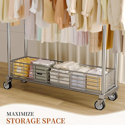 Heavy Duty Clothes Rack - Double Rod Clothing Racks for Hanging Clothes, Portable & Adjustable Garment Rack with Wheels, Rolling Clothes Rack Load 670LBS for Bedrooms, Laundry, Closet (Sliver)