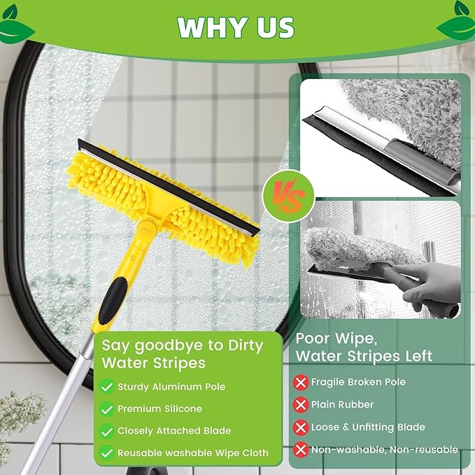 284'' Window Squeegee with Telescoping Extension Pole, 2 in 1 Shower Cleaning with Telescopic Pole, Extension Washing Tool with Rotating Head for Indoor/Outdoor High Window Glass