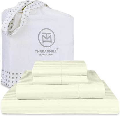 Threadmill 100% Cotton Sheets for Cal King Size Bed - 600 Thread Count Cal King Bed Sheets Set with 16” Deep Pocket - Damask Stripe Sateen Weave 4-Piece Bedding Set with Cooling Effect, Ivory
