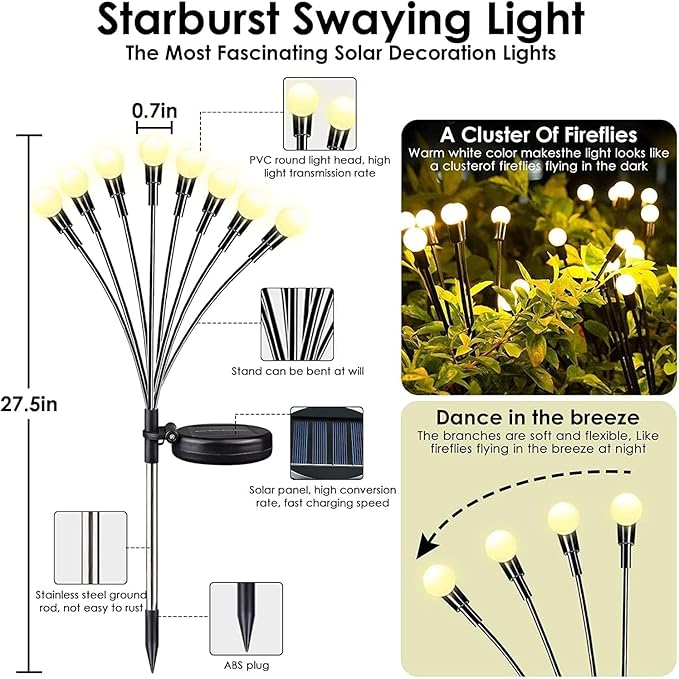 OZS 10 Pack Total 80 LED Solar Garden Lights Fairy Outdoor - Solar Firefly Lights Outdoor, Sway by Wind, Waterproof for Garden Patio Pathway Fairy Decoration (Warm White)