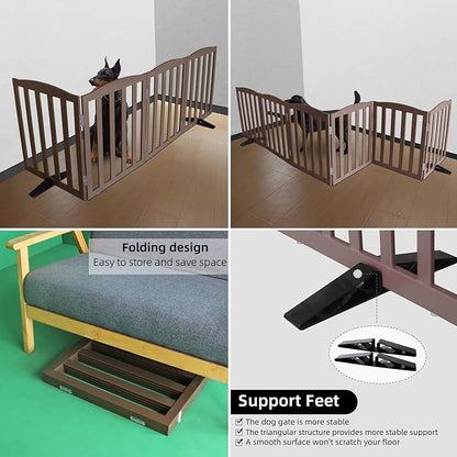 ZJSF Foldable Freestanding Indoor Dog Gate for House Wood Long Pet Gates Dog Fence for Stairs Puppy Gates for Hallways, Puppy Gate,Support Feet Included, Brown, 32 "Height-2 Panels
