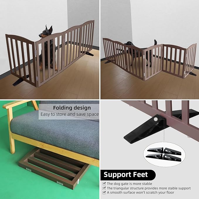 ZJSF Foldable Freestanding Indoor Dog Gate for House Wood Long Pet Gates Dog Fence for Stairs Puppy Gates for Hallways, Puppy Gate,Support Feet Included, Brown, 24 "Height-2 Panels