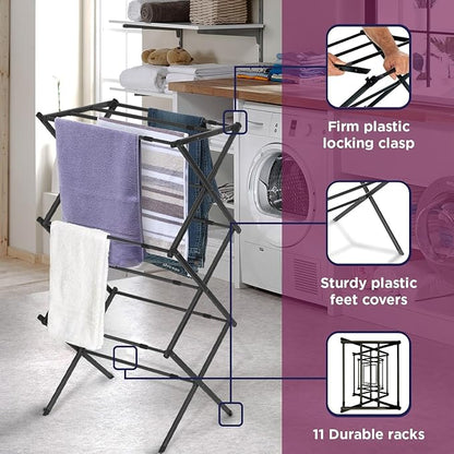 BLACK+DECKER Laundry Organization Expandable/Collapsible Clothes Drying Rack. Essential for Camping/Trailers or Anywhere You Air Dry Laundry. Oversized for Multiple Garments, (Black)