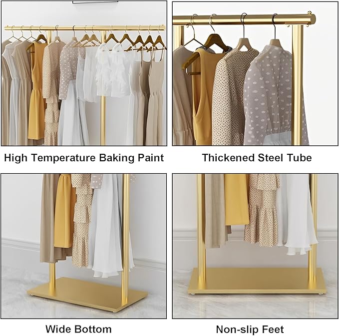 Gold Clothing Rack for Boutique, Gold Garment Rack, Double Pole Supported Stable Metal Retail Clothes Stand, Freestanding Clothes hanging Rack in Bedroom and Laundry Room (gold, 39.37X51.18in)