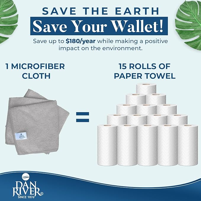 DAN RIVER 24-Pack Gray Microfiber Towels – Ultra Absorbent, Lint-Free & Streak-Free Cleaning Cloths for House, Car & Kitchen - Must-Have Cleaning Essentials - 12" x 12"