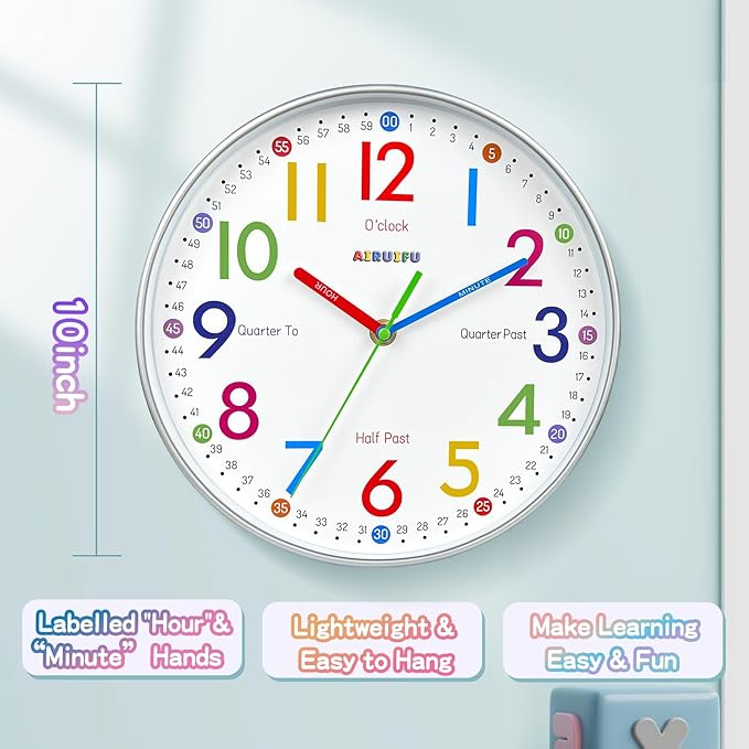 Telling Time Teaching Clock - Learning Clock for Kids - Kids Wall Clocks for Bedrooms - Kids Wall Clock- Silent Analog Kids Clock for Teaching Time,for School Classrooms Playrooms and Kids Bedrooms