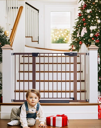 Cumbor 29.7-48" Baby Gate for Stairs, Mom's Choice Awards Winner-Dog Gate for Doorways, Auto Close Safety Pet Gate for Dogs Indoor, Easy Install Pressure Mounted Child Gate with Walk Thru Door, Brown