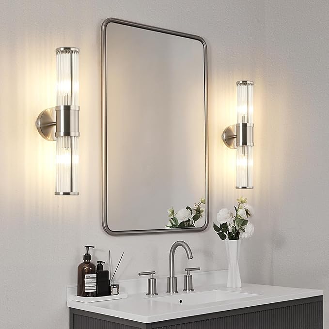 JOOSENLUX Bathroom Sconces Set of 2 Brushed Nickel Wall Sconce Light Fixtures with E12 Base and Glass Rod Design – Modern Vanity Light Fixture for Bathroom, Powder Room, Bedroom, Hallway