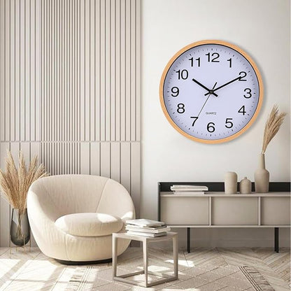 Wall Clock 12 Inch Wooden Frame Glass Cover Non-Ticking Number Quartz Modern Quartz Design Decorative Bedroom Kitchen Office Classroom Light Brown
