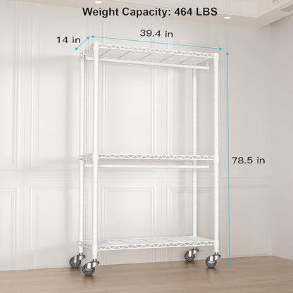 P3 Rolling Clothes Rack, Clothing Racks for Hanging Clothes, Heavy Duty Garment Rack with Wheels, Freestanding Portable Closet Organizer 39.4''W x 14''D x 78.5''H, Max Load 464 LBS, White