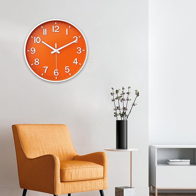 HZDHCLH Wall Clocks Battery Operated,Wall Clock Orange,8 inch Wall Clock Silent Non Ticking Modern 3D Numbers for Kitchen Bedroom Living Room Office Classroom Decor