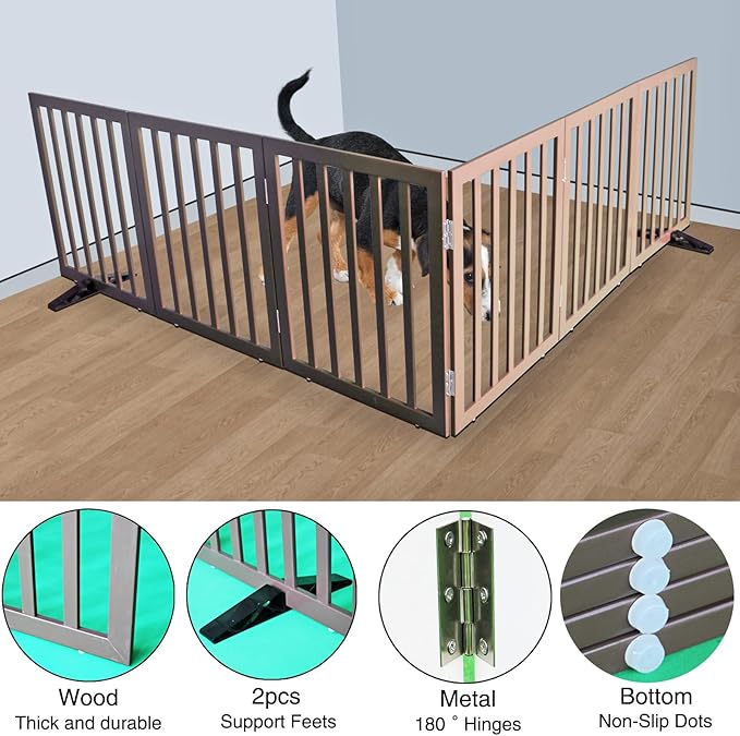 Dog Gate Indoor, Freestanding Dog Fence for The House, Doorways, Hallways,or Stairs,Pet Gate Foldable Wooden,Expandable 24" Height 6 Panels,Brown