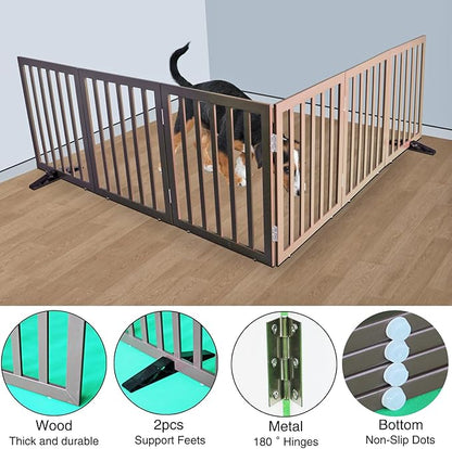 Dog Gate Indoor, Freestanding Dog Fence for The House, Doorways, Hallways,or Stairs,Pet Gate Foldable Wooden,Expandable 24" Height 6 Panels,Brown
