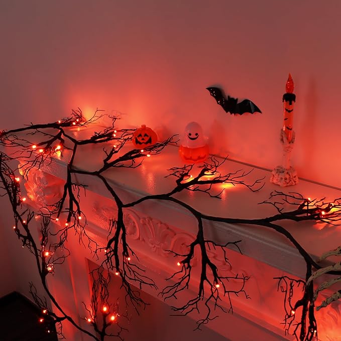 6 FT Halloween Black Garland Willow Vine Twig Decor with Orange Light, 8 Modes & Timer Battery Operated Waterproof Halloween Decorations Indoor for Mantle Fireplace Home Party Decor