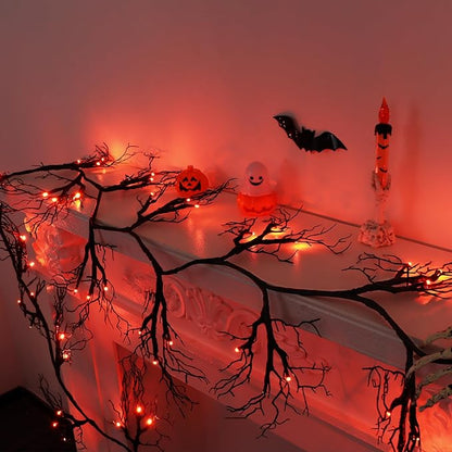 6 FT Halloween Black Garland Willow Vine Twig Decor with Orange Light, 8 Modes & Timer Battery Operated Waterproof Halloween Decorations Indoor for Mantle Fireplace Home Party Decor
