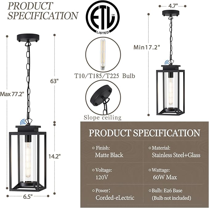Outdoor Pendant Light, 14" Large Dusk to Dawn Outdoor Chandelier Lantern with Sensor, Black Modern Exterior Hanging Porch Light with Cylinder Glass, Adjustable Long Chain, OS-KY1002