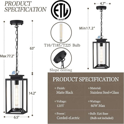Outdoor Pendant Light, 14" Large Dusk to Dawn Outdoor Chandelier Lantern with Sensor, Black Modern Exterior Hanging Porch Light with Cylinder Glass, Adjustable Long Chain, OS-KY1002