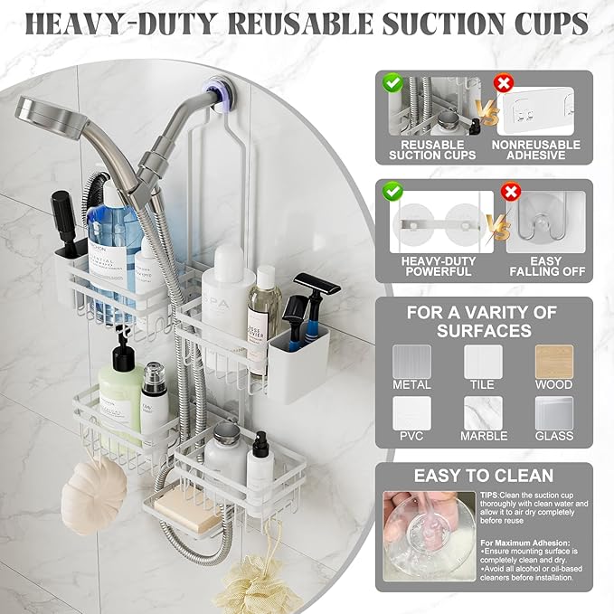 Shower Caddy Hanging for Bathroom Organizers and Storage - 3-Tier Adjustable Anti-Swing Shower Organizer for Handheld Showerhead with Heavy-Duty Suction Cups, Damage-Free Rustproof (White)