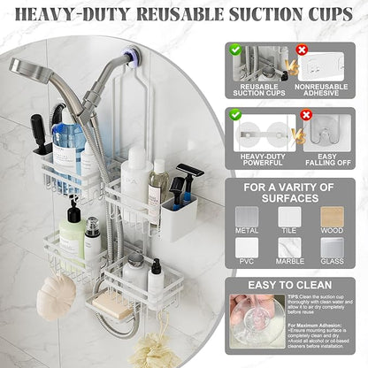 Shower Caddy Hanging for Bathroom Organizers and Storage - 3-Tier Adjustable Anti-Swing Shower Organizer for Handheld Showerhead with Heavy-Duty Suction Cups, Damage-Free Rustproof (White)