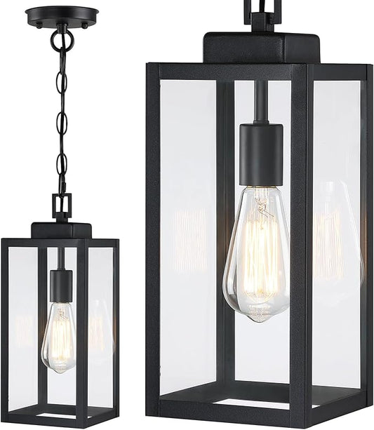 15'' Outdoor Pendant Light, Modern Outside Chandelier Outdoor Hanging Lantern Light, Matte Black with Clear Glass, Exterior Pendant Lighting Fixture Ceiling Mount for Porch, Entryway, Gazebo, 1Pack